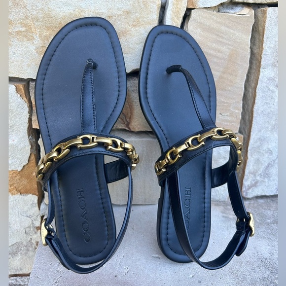 Coach Jenna Signature Chain T-Bar Black leather Sandals Sz-8. R - Picture 8 of 12